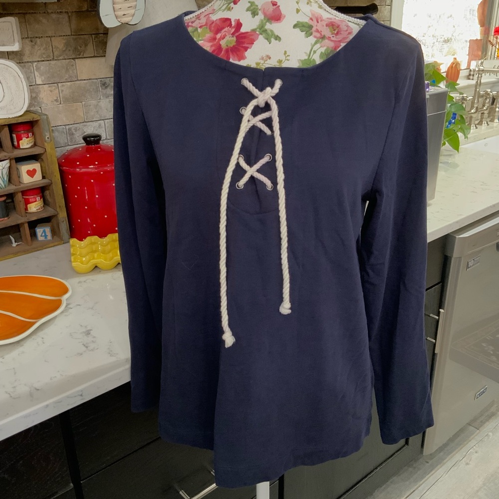 Talbots Petites Women's LP Nautical Blue White Lace Up  Long Sleeve Cotton Top